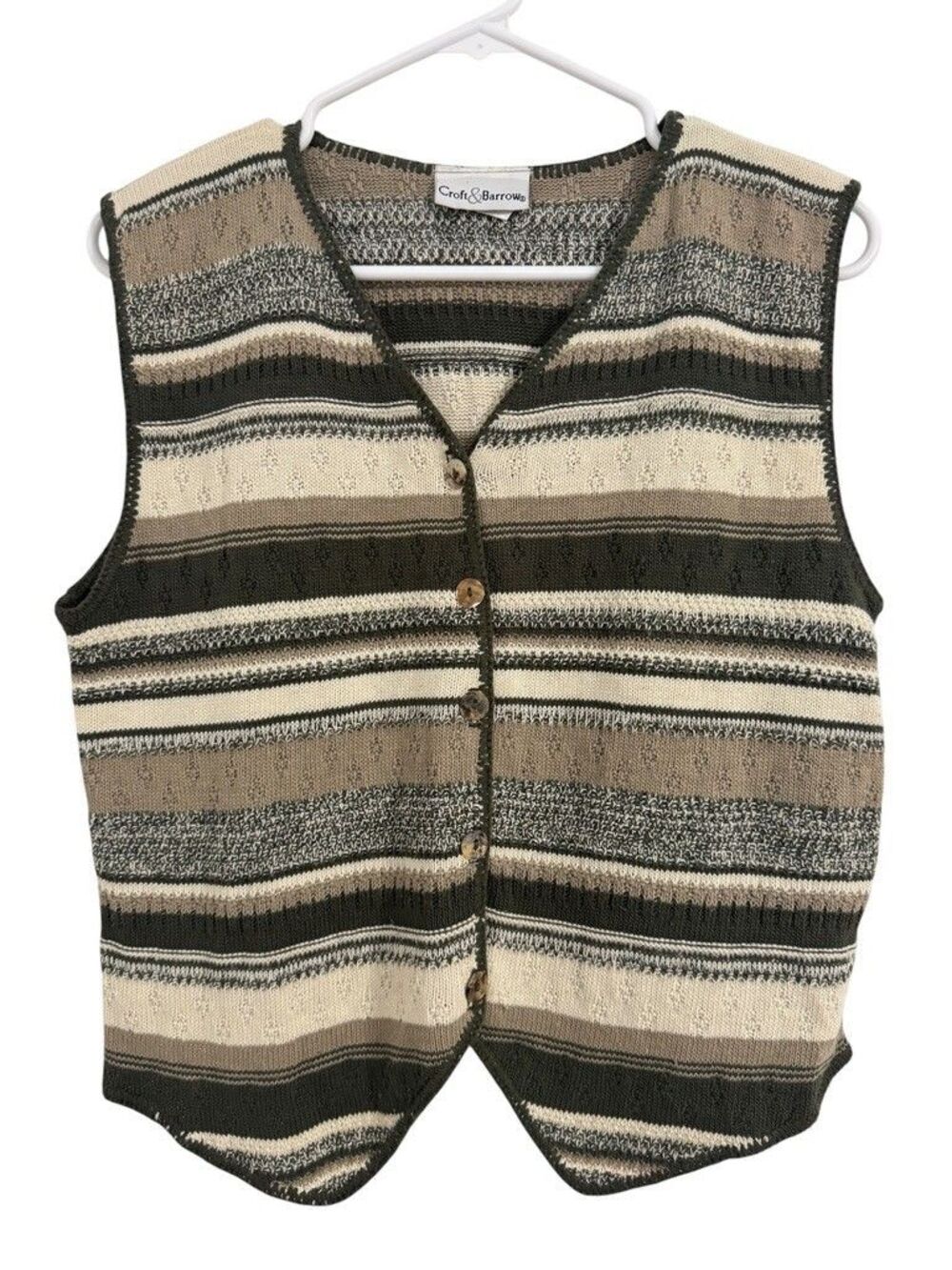 Vintage Croft & Barrow Sweater Vest LARGE Striped Knit Button Front USA Made
